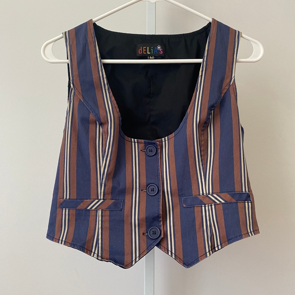 dELiA*s M Blue Brown Striped Button Preppy Festival Vest Waistcoat